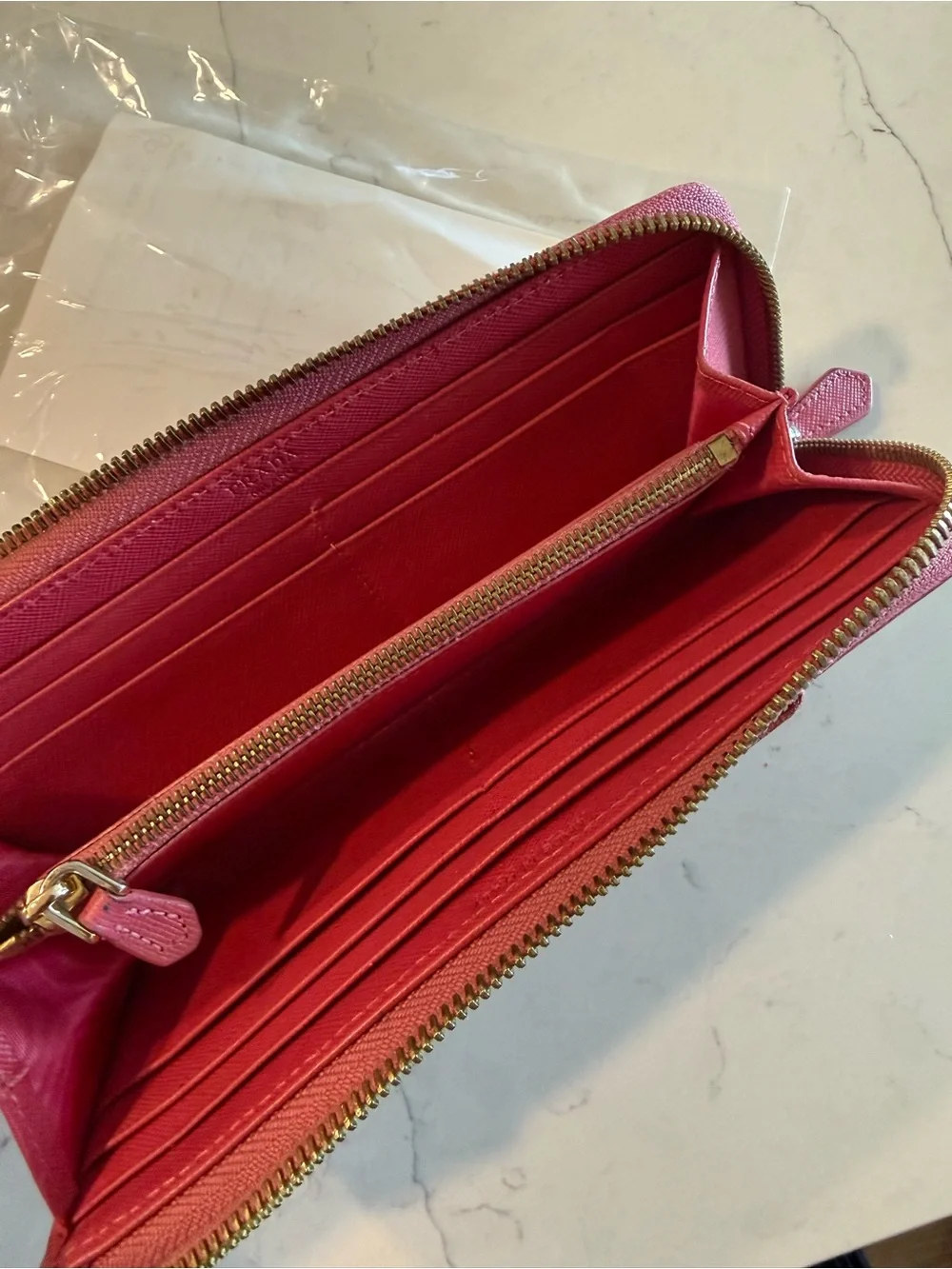 Prada Red Saffiano Bow Zip-Around Wallet